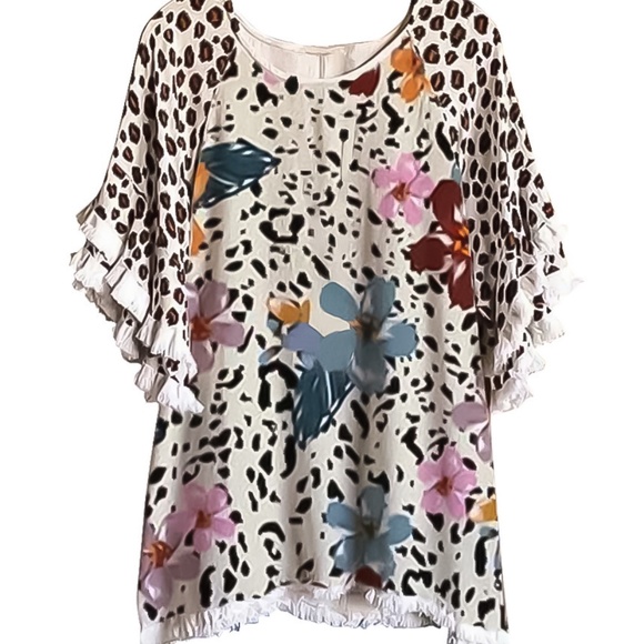 New Lace Ruffle Sleeves Crew Neck Print Colorblock Women's Loose T-Shirt - Picture 1 of 5